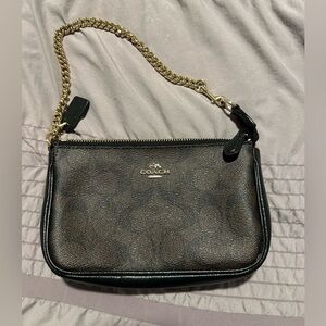 Coach Black and Brown Wristlet with Gold Chain